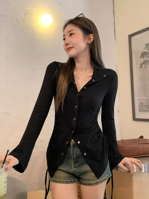 黑色polo翻领单排扣长袖开衫女2025秋季新款甜辣妹高级感气质上衣|undefined
