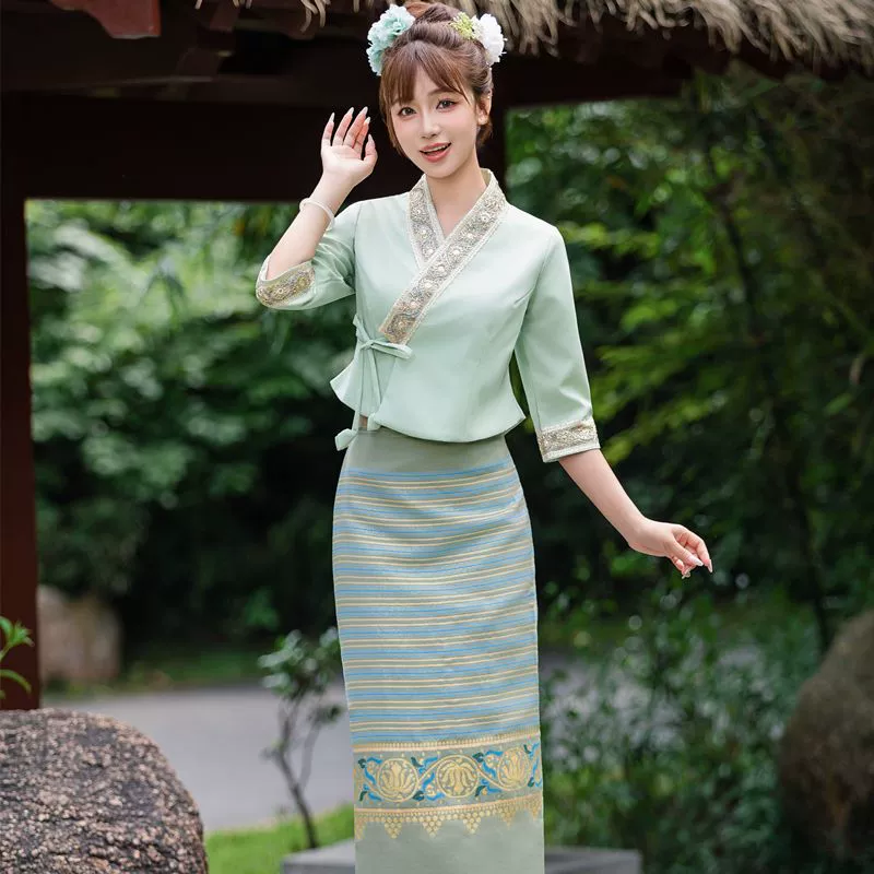 Весенне-летний традиционный костюм с юбкой Dai, элегантные рукава средней длины, утягивающая рабочая одежда, путешествия по Юньнанийской фотографии.
