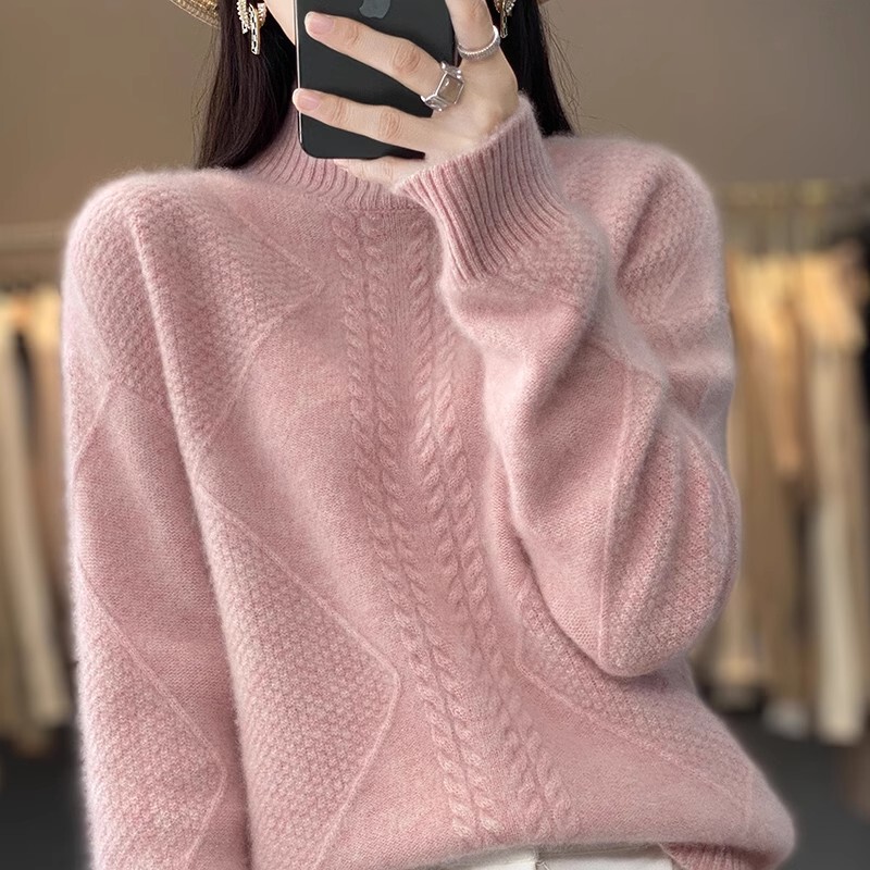 2024 Autumn and Winter Wool Sweater Women's Diamond-shaped Twisted Thickened Half-turtleneck Knitted Sweater Base-lining Cashmere Sweater 2402