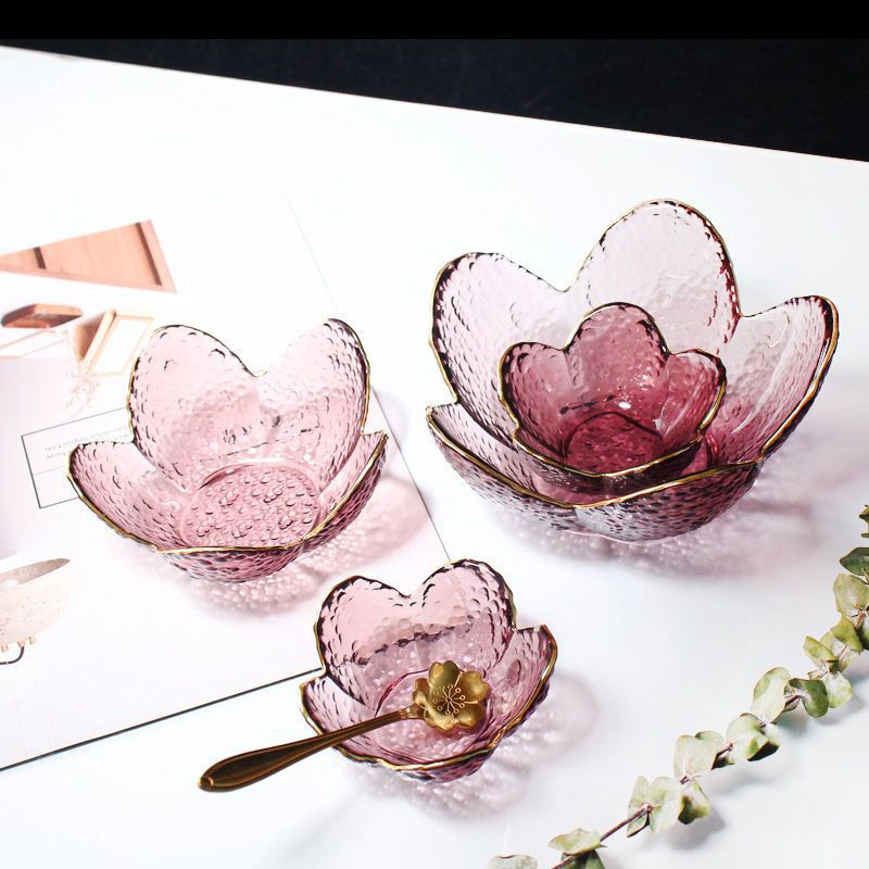 フルーツボウル日本式ガラスサラダボウル金辺かわいいシングルデザートボウル家庭用小皿ハンマー桜花びらボウル|undefined
