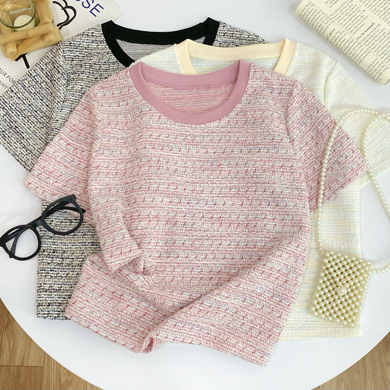 Cross-Border Sweet Fashion Versatile Age-Reducing Round Neck Tweed Color-Blocking Slim-Fit Short-Sleeve T-Shirt Top for Women 2025
