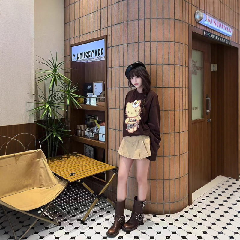 韩国ins小众豹纹比基尼Kitty卡通印花休闲百搭宽松纯棉长袖T恤女|undefined