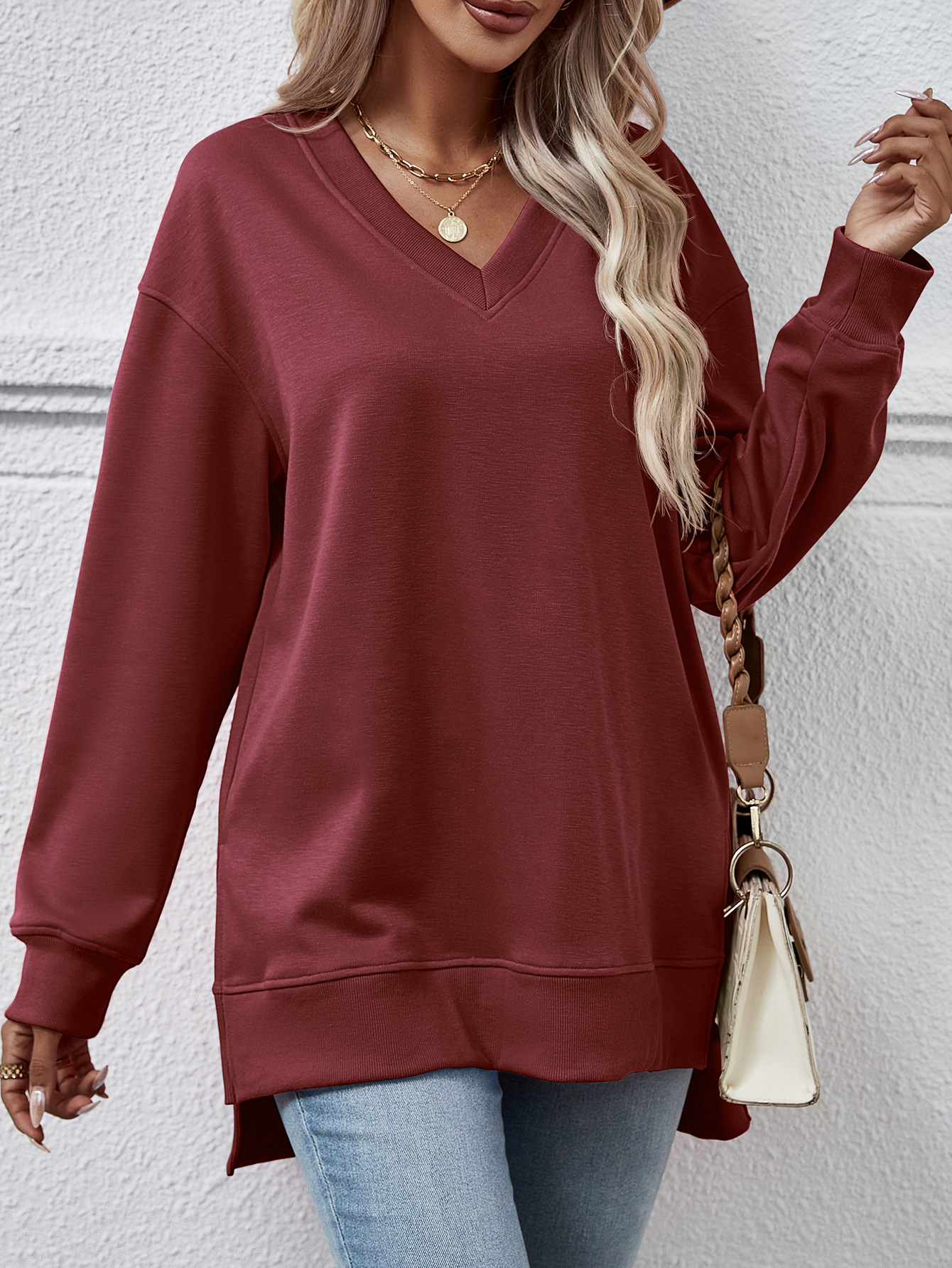 Women's autumn and winter women's sweatshirt solid color V-neck slit front short back long top_voghion.com