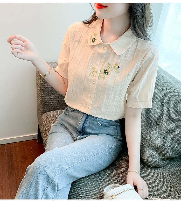 夏装2024年新款时尚纯棉衬衣女洋气全棉短袖气质女士衬衫刺绣上衣详情32