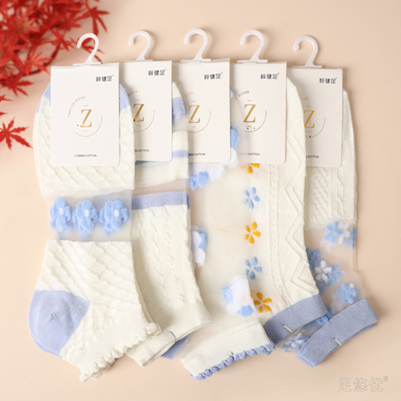 Crystal Glass Stockings for Women 2025 New Summer Thin Breathable Boat Socks Japanese Style Flower Socks Summer Cotton Socks