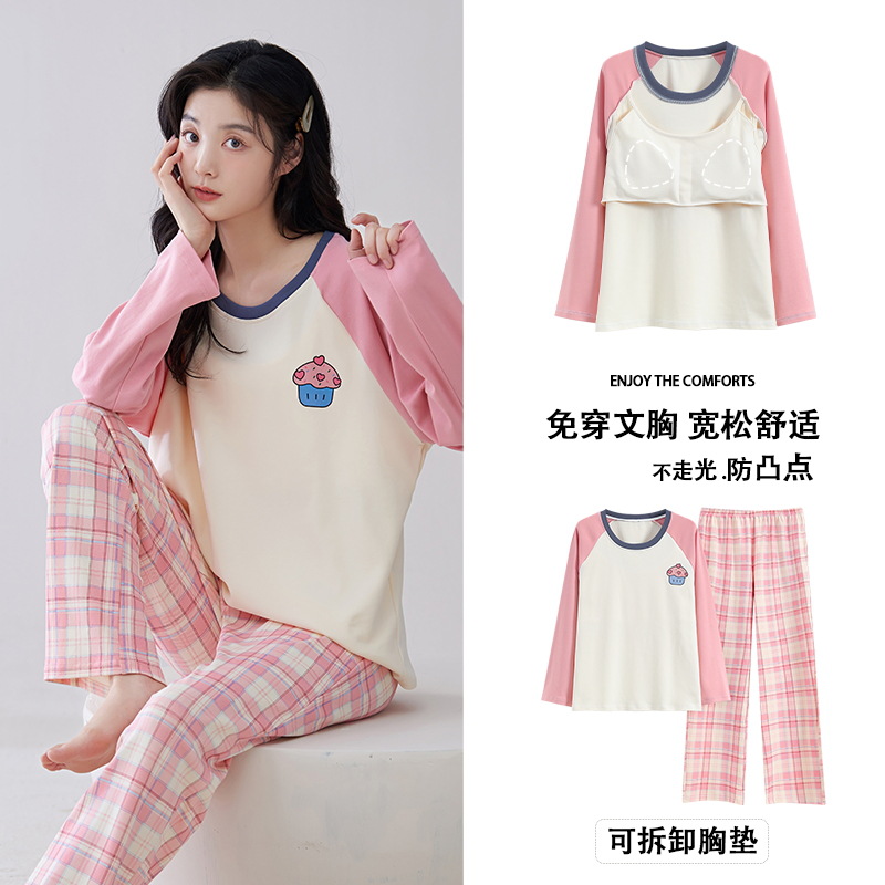 Pijama de algodón de manga larga para mujer con almohadilla en el pecho traje de otoño 2023 nuevas mujeres dulces talla grande homewear