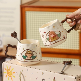 双杯礼盒可爱情侣装卡通马克杯带勺情侣对杯送女生陶瓷杯七夕礼物
