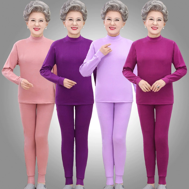 Осенняя одежда для среднего и пожилого возраста, длинные брюки, женские однотонные брюки из чистого хлопка, однотонное хлопковое нижнее белье, костюм для мамы, комплект из двух предметов со средним воротником