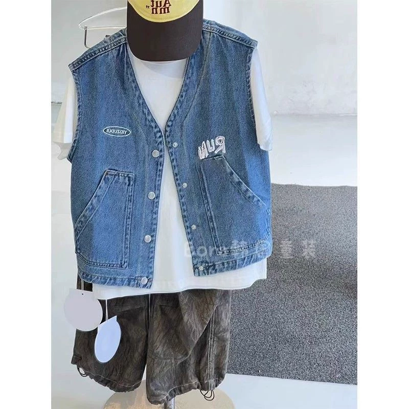Детский жилет для мальчиков, весенне-летняя одежда 2025, новая джинсовая синяя безрукавка, модная куртка для малышей, можно носить на улице
