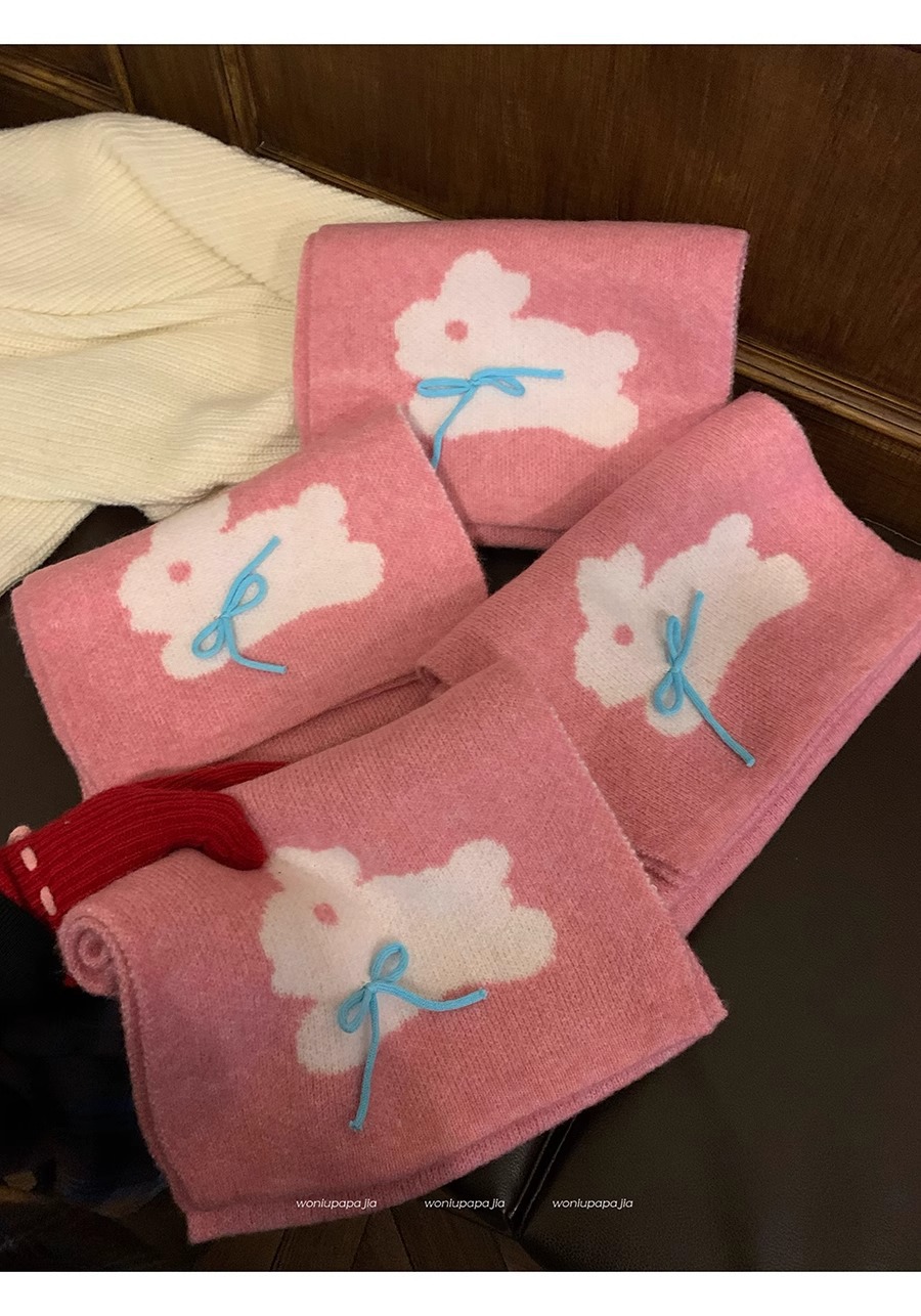 Winter 2024 New Warm Knitted Female Cute Rabbit Bow Leisure Outdoor Windproof and Cold resistant Scarf_voghion.com