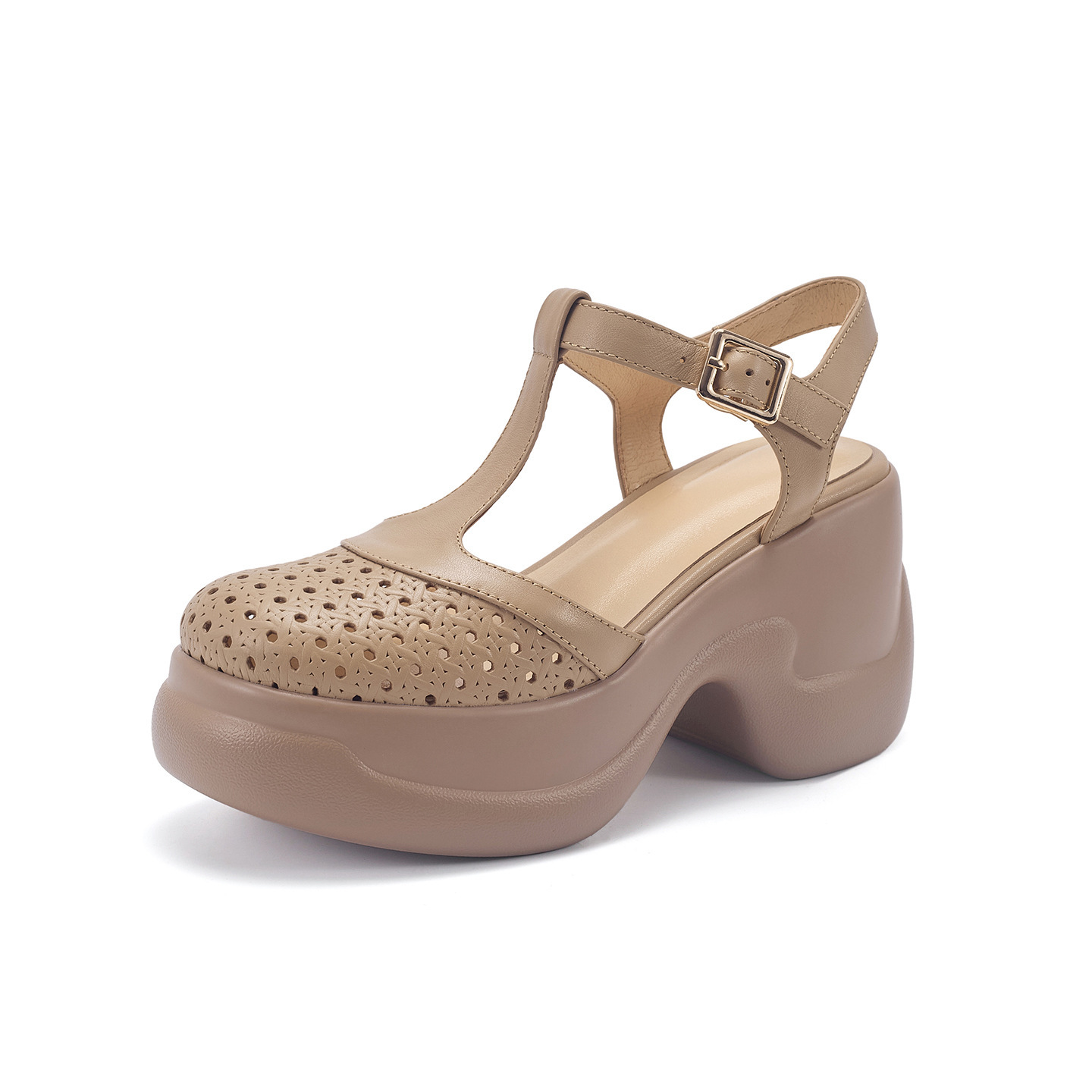 Sandal cao gót nữ quai ngang khóa T, đế dày 9.5 cm, gót thô — màu trắng ngà chi tiết 13