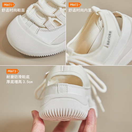 Hollow Canvas Shoes for Women 2025 Summer Korean Style Student White Flat Ins Breathable Half Toe P801