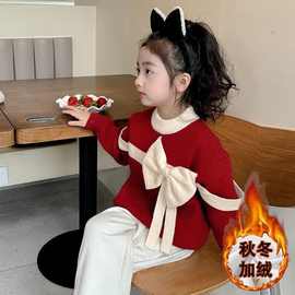 女童拜年服加绒加厚蝴蝶结毛衣2025新款儿童红色喜庆保暖衣针织衫