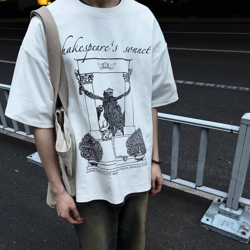 Heavyweight 300g Fabric Shakespeare Poetry Island Short-Sleeve Summer American Retro Niche T-Shirt