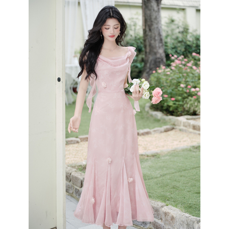 French Gentle Style Swing Collar Dress Super Nice Pink Fishtail Skirt Women's Summer New Holiday Suspender Long Skirt