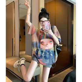 设计感小众美式扎染趣味女孩短袖t恤女夏季潮牌宽松大版半袖上衣