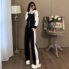 初秋新款女装套装时尚减龄拼接黑色连帽外套上衣休闲运动裤两件套