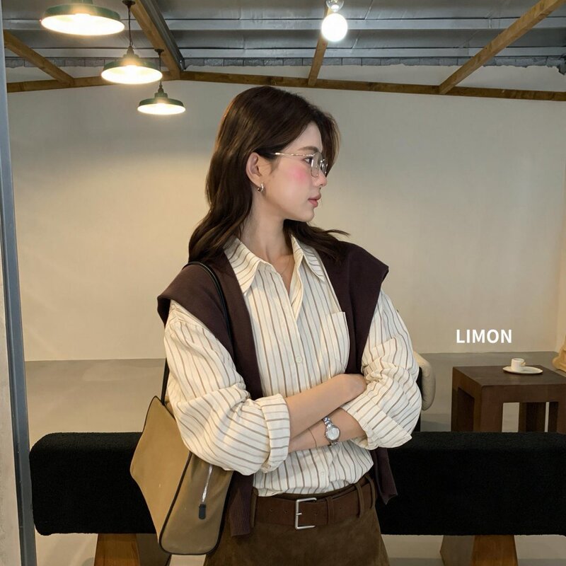 THE LIMON Lemon Green Tea 2026 Autumn Korean Style Loose Striped Long Sleeve Shirt Women's Shawl Two-Piece Set THE LIMON Lemon Green Tea 2026 Autumn Korean Style Loose Striped Long Sleeve Shirt Women's Shawl Two-Piece Set
