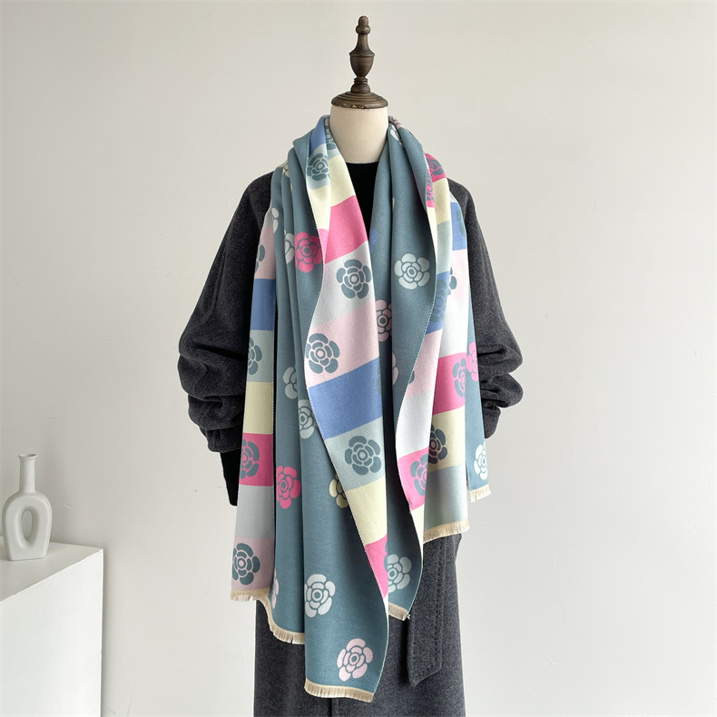 Camelia colorata per il lusso invernale femminile, dolce profumata in inverno, scialle spesso e caldo, sciarpa invecchiata_voghion.com