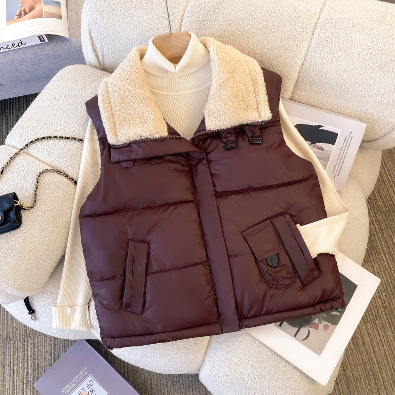 Pu Leather Vest Women's New 2025 Autumn and Winter Popular Fashionable Lamb Fur Collar Waistcoat down Cotton Vest Trendy