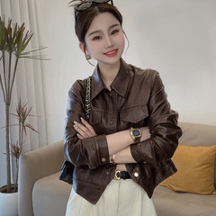 海宁复古上衣翻领港风机车秋冬新款皮衣女夹克外套25-49黑色其他