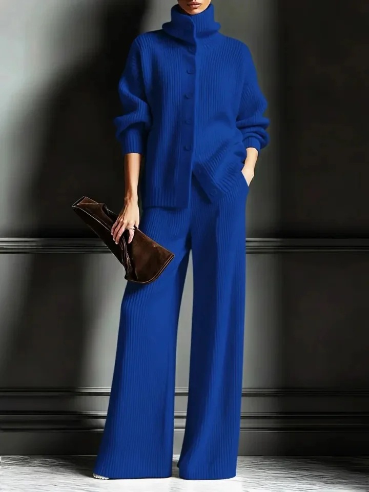 turtleneck Solid Color Cardigan Long-sleeved Top Wide-leg Pants Set Knitted 2-piece Set_ecoleips.com