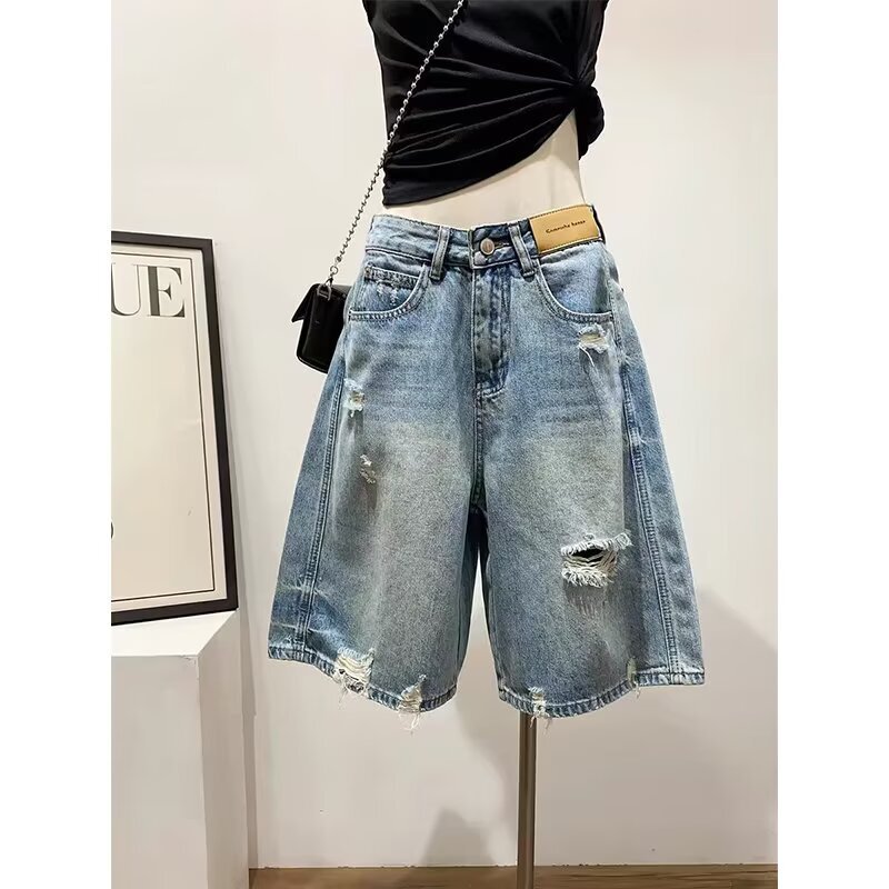 Plus-Size Ripped A-Line Denim Shorts for Women, Summer Vintage American Style High-Waisted Straight Wide-Leg Mid-Length Shorts