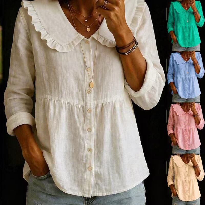European and American Cross-Border Amazon Autumn New Women's Casual Loose Fashion Cotton and Linen Long-Sleeved Doll Collar Button-Down Shirt European and American Cross-Border Amazon Autumn New Women's Casual Loose Fashion Cotton and Linen Long-Sleeved Doll Collar Button-Down Shirt