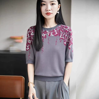 2026春夏秋季新款圆领拼色针织上衣女提花宽松百搭天丝T恤打底衫