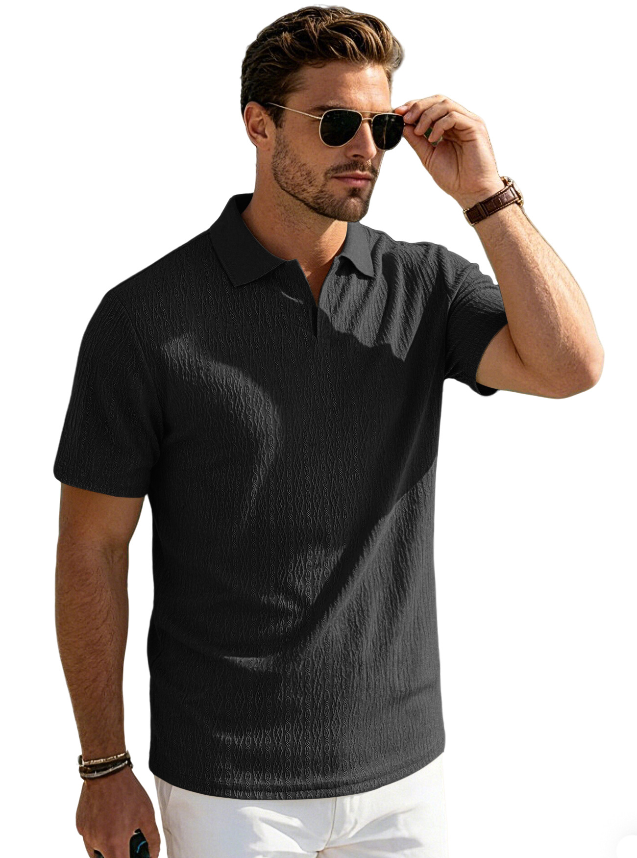 Europa y los Estados Unidos linas transfronterizas para hombres verano delgado relajado transpirable casuales de color sólido con solapa de manga corta polo de hombre