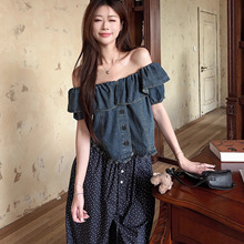 实拍韩版法式荷叶边短袖牛仔衬衫女夏天复古别致一字领露肩辣妹