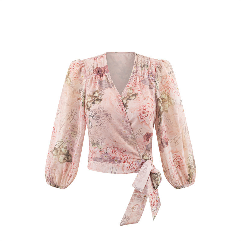 French-Style Sexy Cross V-Neck Tie-Up Printed Long-Sleeve Shirt, New Autumn Slim-Fit Short Vacation-Style Top French-Style Sexy Cross V-Neck Tie-Up Printed Long-Sleeve Shirt, New Autumn Slim-Fit Short Vacation-Style Top