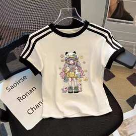 外贸童装纯棉女童半袖卡通印花拼色T恤潮中大童夏季新款短袖童装