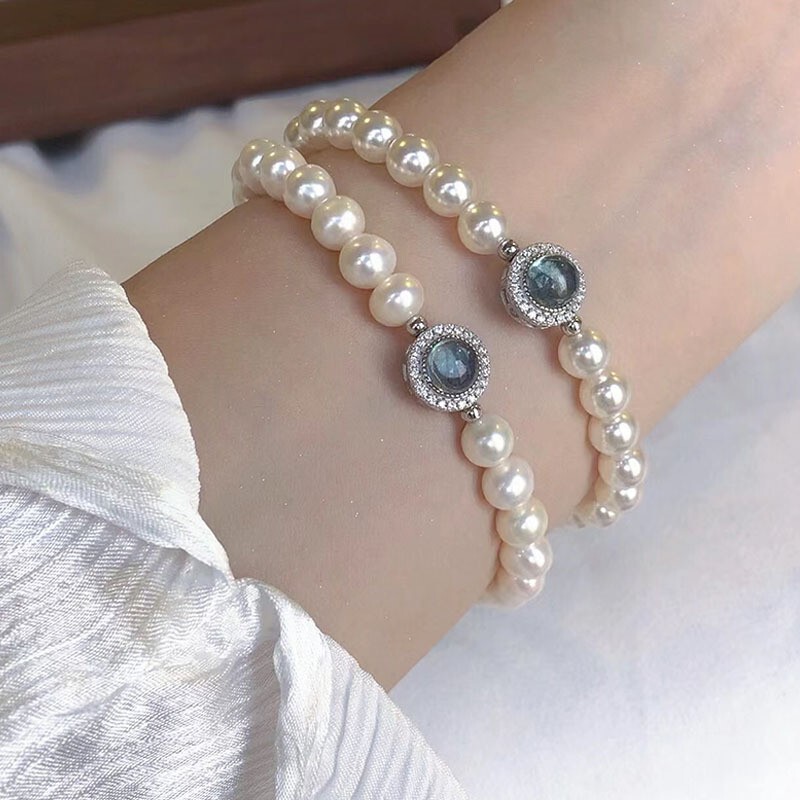 Mermaid Mercury s925 シルバー天然淡水パールアクアマリンブレスレット女性用ガールフレンドブレスレットガールフレンドギフト|undefined