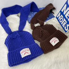 加厚长耳朵兔兔帽女针织帽韩版洋气简约字母标百搭翻边毛线帽子潮