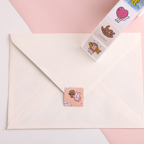 ins风贴纸韩系粉色兔卡通方形封口贴不干胶标签卷卷贴纸批发