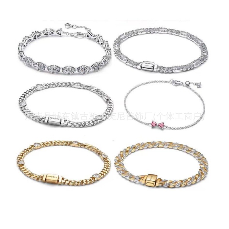 Pandora S925 Sterling Silver Cross-Border New Bracelet Cuban Chain Bracelet Tennis Bowknot Sparkling Watch Chain