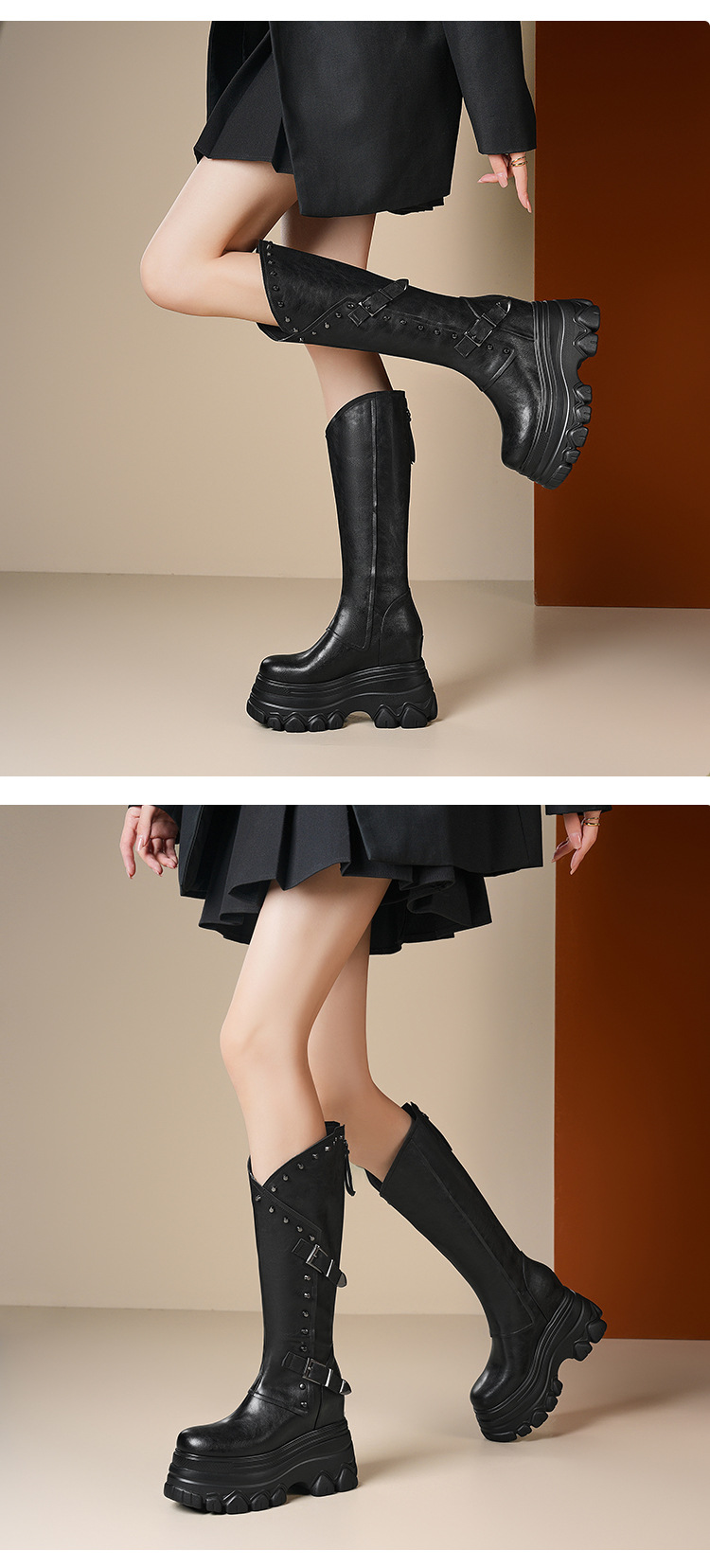 Boot nữ cổ cao ôm bắp chân đế xuồng tăng chiều cao 12 cm — Lót nhung đen chi tiết 1