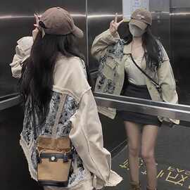 港味复古刺绣拼接牛仔外套女秋季新款感宽松夹克上衣