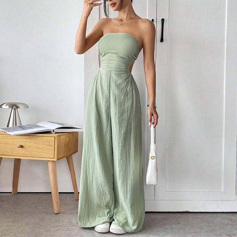 ヨーロッパとアメリカのクロスボーダーファッション気質カジュアル気質Lv服婦人服無地チューブトップウエストワイドレッグパンツ|undefined