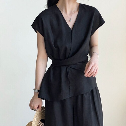 Luxurious, high-end, thousand-piece set Korean-style new tie-front sleeveless shirt wide-leg pants two-piece set old money style full set
