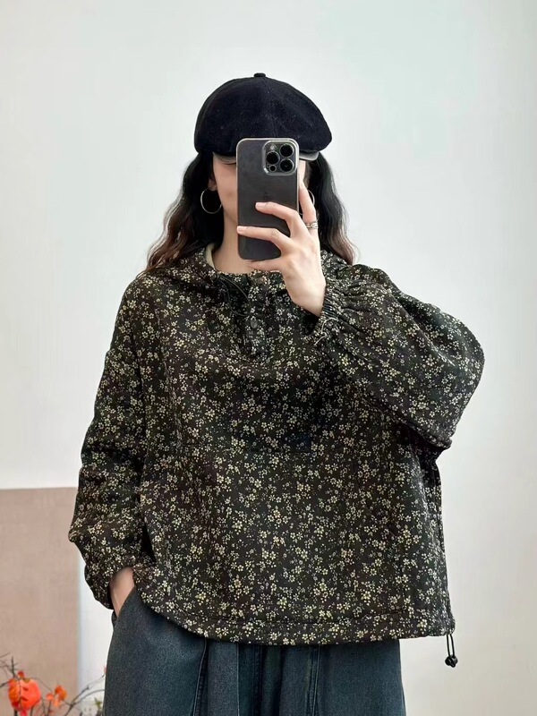 古咖服饰秋季新款复古棉麻印花连帽外套女文艺碎长袖宽松套头上衣|undefined
