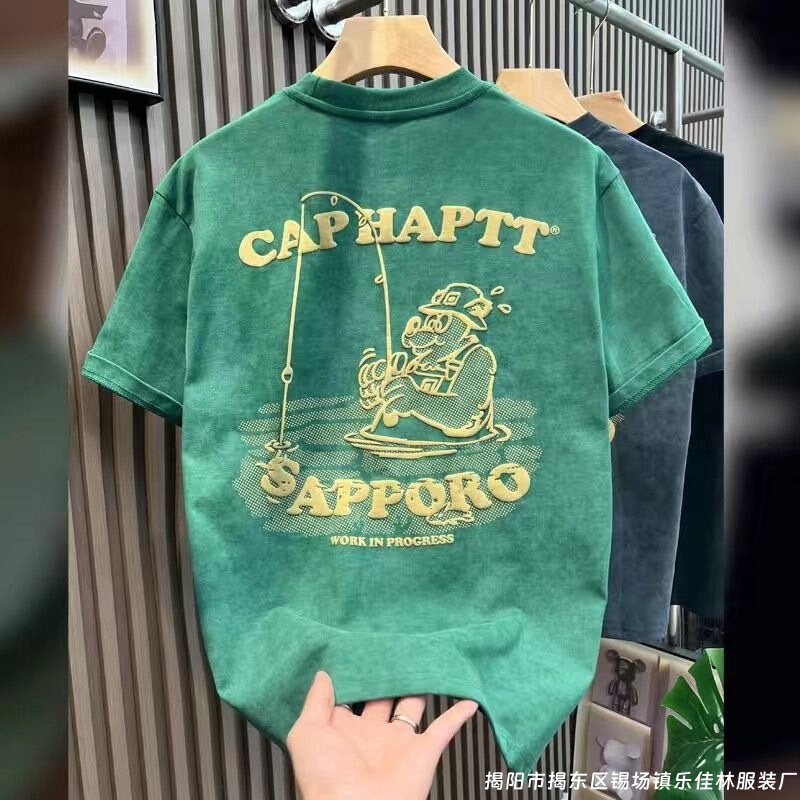 American-style heavy-duty short-sleeve t-shirt for men, summer casual loose fit, trendy brand printed cotton top, vintage style