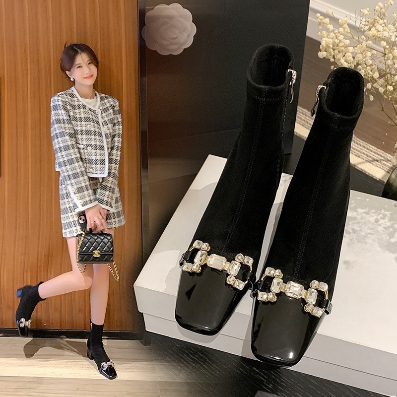 2024年新款韩版水钻弹力瘦瘦靴方头粗跟小香风高跟短靴女春秋单靴