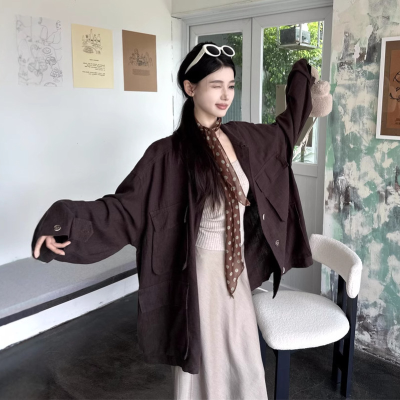 RHGD实拍 早秋禅意汉麻垂坠高克重中长款慵懒外套+冷茶色半身裙|undefined