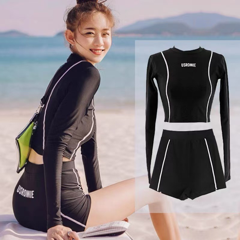 South Korea Outdoor Swimming Suit Split Two-piece Set Sports High Waist Pants Long Sleeve Sun Protection Suit Snorkeling Hot Spring Swimsuit Surfing
