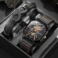 2025跨境新款时尚双层面方壳皮带石英手表休8字皮革手链套装