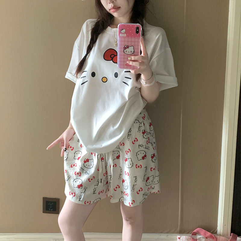 Dibujos animados Hellokitty pijamas estampados mujer 2025 nuevo verano algodón de manga corta pantalones cortos traje de servicio a domicilio
