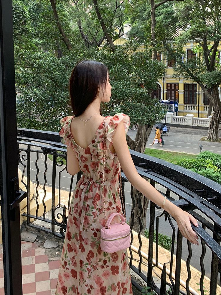 Váy liền thân nữ họa tiết hoa, tay ngắn, lưng trần, eo thon, dài trung bình — đen chi tiết 13