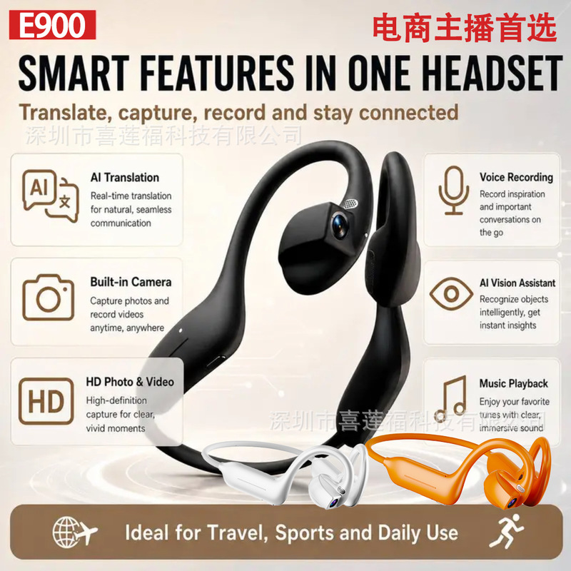 E-Commerce Live Streaming Hot-Selling Product E900 Smart Camera Earphones with 8 Million Pixels for Photo-Taking, Phone Calls, Music, and Ai Translation